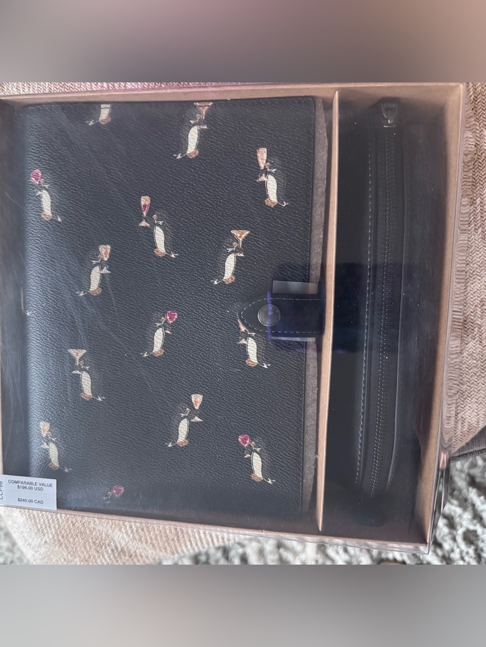 COACH Black Penguin Print Leather Notebook with Pencil Pouch Gift Box Set